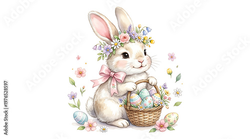 Cute Easter Bunny with Flower Crown and Basket of Painted Eggs