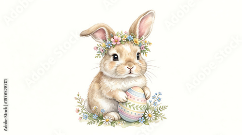 Cute Easter Bunny with Flower Wreath and Decorated Egg, Watercolor Illustration