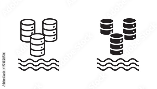 Simple line icon of multiple database servers above water waves, representing data storage, backup systems, cloud infrastructure, and large-scale data environments.