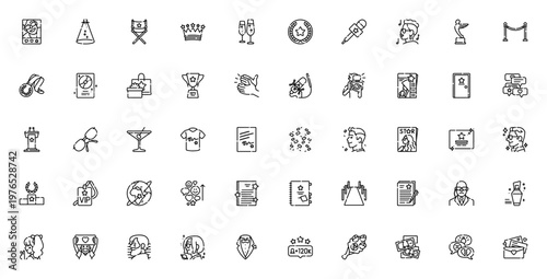 Fame icon set. Celebrity vector collection. Includes influencer, award, trophy, paparazzi, red carpet, VIP, fan and more. Editable thin line icons.