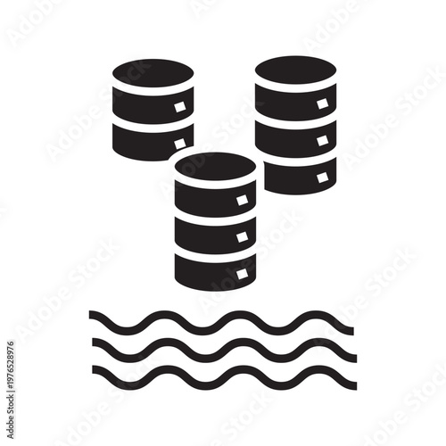 Simple line icon of multiple database servers above water waves, representing data storage, backup systems, cloud infrastructure, and large-scale data environments.