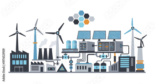 Modern industrial complex with renewable energy sources and advanced technology.