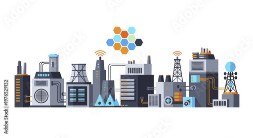 Modern Industrial Factory Buildings with Technology and Communication Systems.