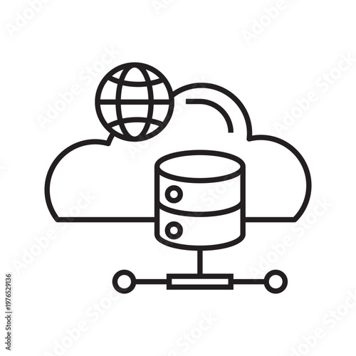Minimal line icon of cloud database network with globe and server connection, representing cloud computing, data storage, hosting, and global data access technology.