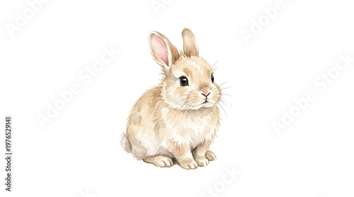 Cute Watercolor Bunny Rabbit, Adorable Fluffy Easter Animal Illustration Isolated on White
