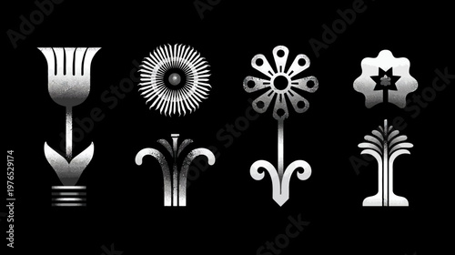 Set of abstract monochrome floral ornaments. Art Deco style decorative plant icons. Stylized silver flower elements on black background.