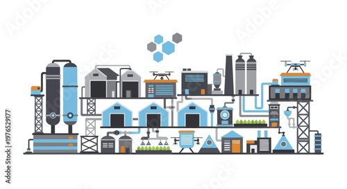 Modern industrial factory complex with advanced technology and automation.