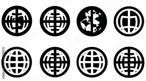 Set of diverse vector globe icons. Black and white graphic symbols for global communication, internet, network, and worldwide connection.