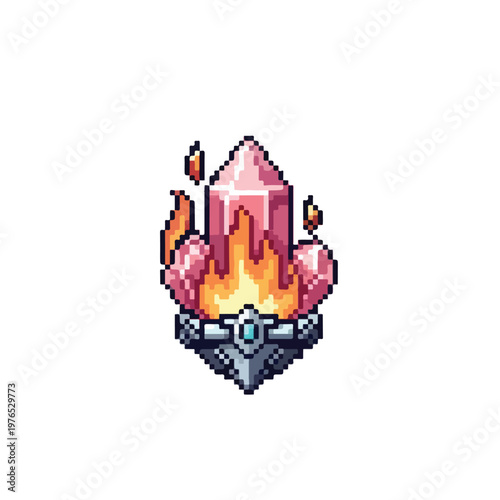A fantasy pixel art icon featuring a glowing pink crystal engulfed in vibrant orange flames, set within a detailed ornate silver metallic base.