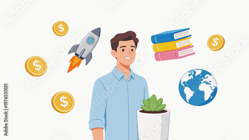 Man with plant and business symbols