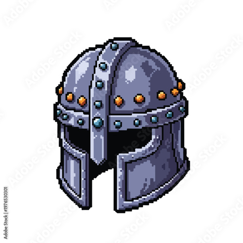 This pixel art vector depicts a sturdy silver medieval knight helmet with a nasal guard and decorative gold rivets against a plain white background.