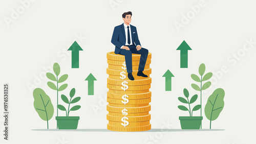 Businessman seated on stack of coins