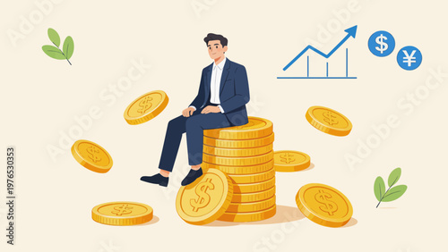 Businessman sitting on stack of coins