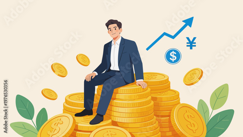 Businessman sitting on pile of gold coins