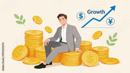 Businessman sitting on gold coins