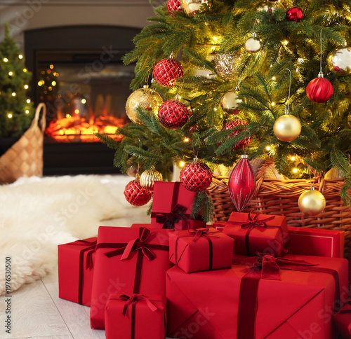 Many gift boxes under Christmas tree indoors. Space for text