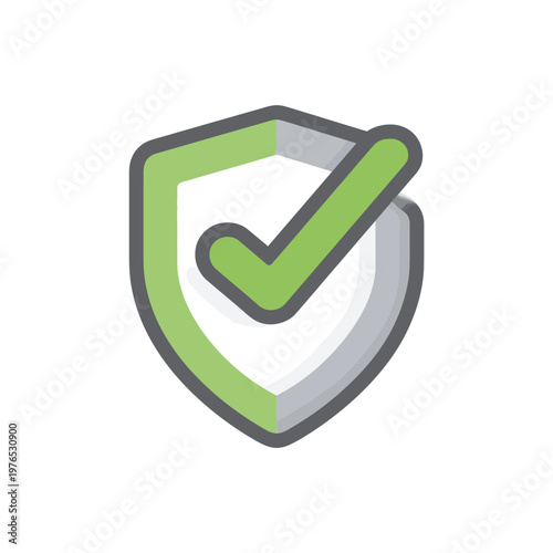 A green checkmark overlaid on a shield icon. Represents confirmation or approval. Simple, clean, and modern