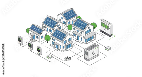 Isometric vector illustration showing an earth day clean energy neighborhood with houses equipped with solar panels, connected to community energy storage units and electric vehicle