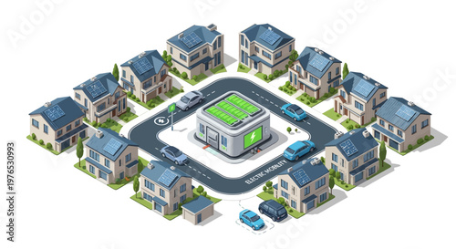 Isometric vector illustration shows a community energy concept with houses equipped with solar panels surrounding a central building in a clean energy neighborhood, set against a white