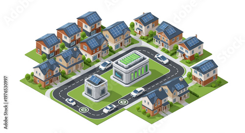 Isometric vector illustration depicting a solar panel neighborhood with eco-friendly houses and community energy, showcasing clean technology and sustainable design on Earth Day, set