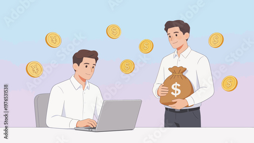 Two men with laptop and money bag