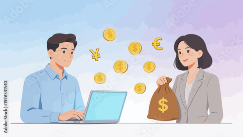 Businessman and businesswoman with money