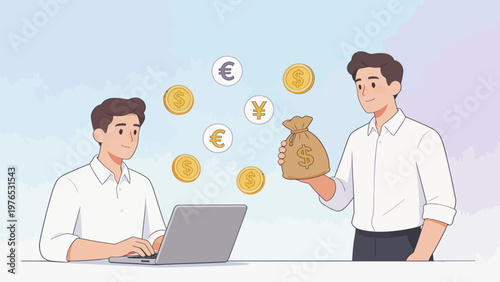 Two men with laptop and money symbols