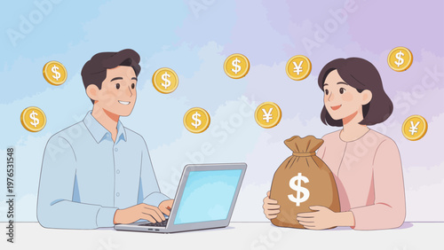 Man and woman with laptop and money bag