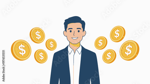 Man with floating dollar coins