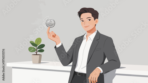 Businessman holding coin with plant