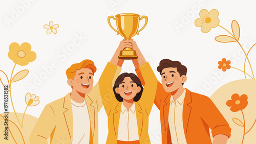 Three people holding a trophy