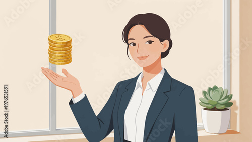 Businesswoman holding stack of coins