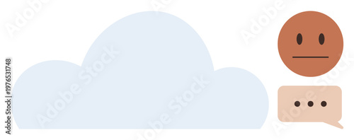 Cloud storage, networking ideas, communication tools, online forums, technology trends, digital emotions. Large cloud icon, neutral face and speech bubble. Cloud storage and networking ideas concept