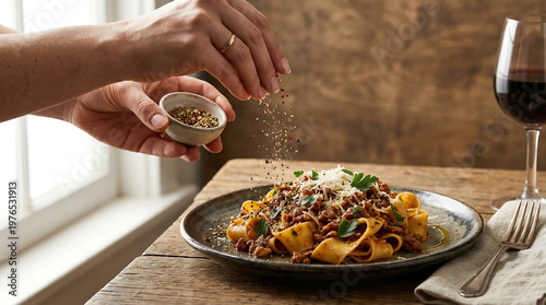 A close-up of freshly prepared pasta with rich bolognese sauce topped with grated parmesan, as hands sprinkle herbs and spices over the dish. Rustic wooden table, natural light and cozy dining