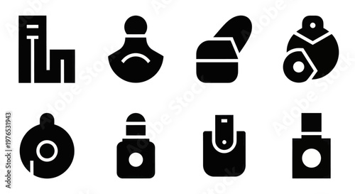 Collection of eight distinct perfume bottle icons in solid black, minimalist design.
