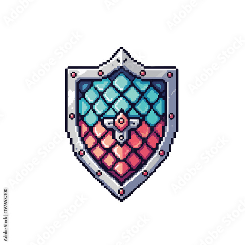 A vibrant pixel art illustration of a fantasy shield featuring a dragon-scale pattern in blue and red, encased in a gem-studded silver frame.