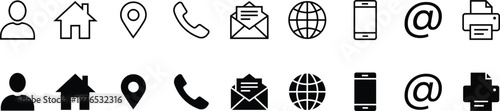 Universal black communication and contact line icons collection including person profile home address location pointer telephone envelope globe mobile and printing set.