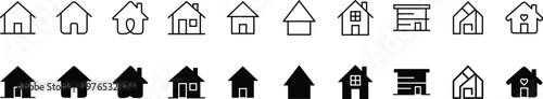 Residential real estate building icons set showcasing various house styles from modern to traditional available in thin line and black solid silhouette vector versions.