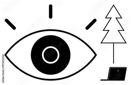 Privacy, surveillance, technology usage, environmental ideas, artificial intelligence, internet activity. A stylized eye, laptop and tree in a minimalist design. Privacy and surveillance concepts