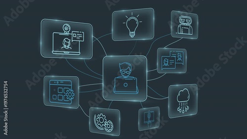 Infographics visualizing the management of applications and digital networks