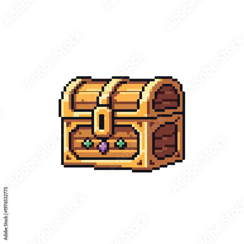 This pixel art vector illustration depicts a locked golden treasure chest adorned with colorful gems against a clean white background.