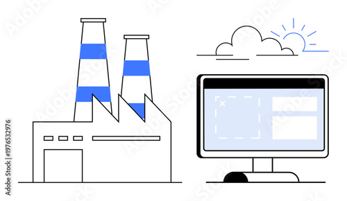 Industry 4.0, smart manufacturing, cloud computing, digital transformation, technology integration factory automation. Modern factory with chimneys alongside a computer screen. Industry 4.0