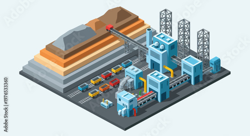 Modern Industrial Factory Production Line with Raw Materials and Trucks.