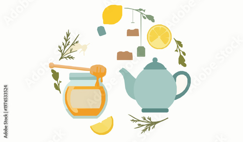 Modern tea time vector illustration with teapot honey lemon tea bags and chamomile flowers in flat style