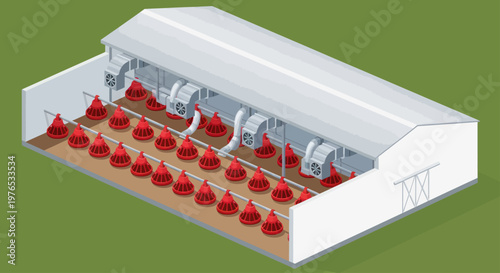 Modern Poultry Farm Building with Automated Feeding System.