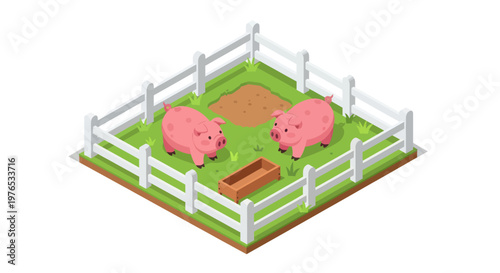 Two adorable pink pigs in a fenced farm pen.