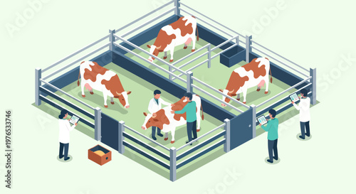 Veterinarians and farmers caring for cows in a modern farm setting.