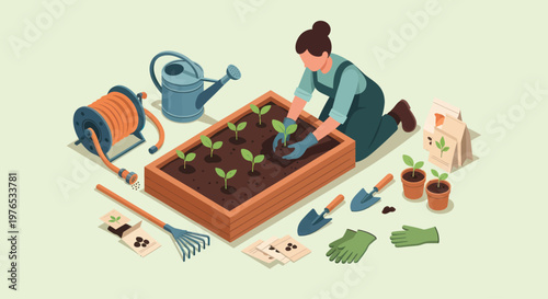 Woman planting seedlings in a raised garden bed with gardening tools.