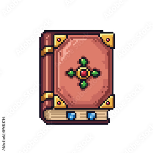 A detailed pixel art vector illustration of an ancient magical grimoire featuring a reddish-brown cover, gold metal corners, and colorful inlaid gems.