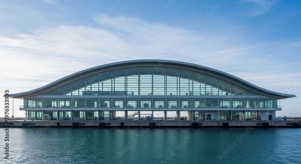 Fototapeta premium Modern architectural terminal building sits gracefully along the calm waterfront under a bright blue sky.